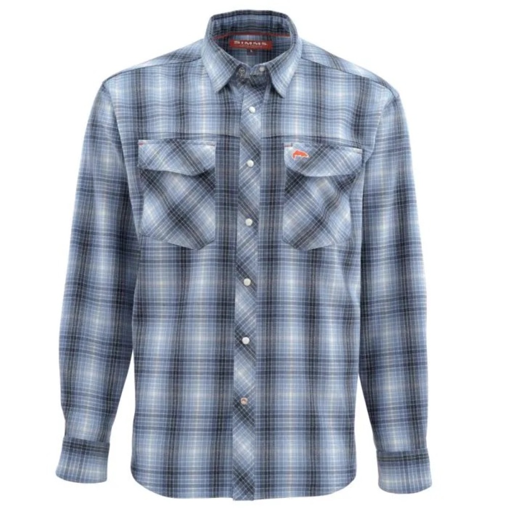 Simms Gallatin Blue Plaid Pearl Snap‎ Flannel Shirt